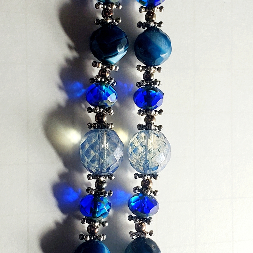 Flower Agate Pendant Necklace with Blue Czech Glass & Blue Banded Agate Beads - Picture 7 of 13